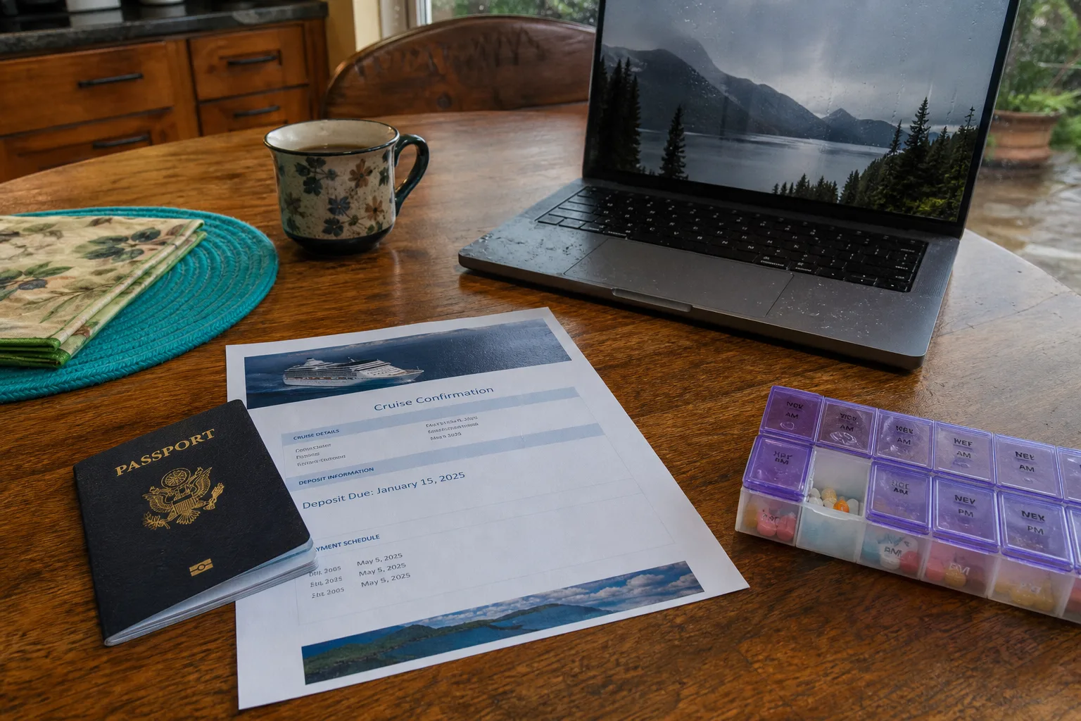An older woman's passport, a printed cruise confirmation with a deposit date, and a pill organizer arranged on a kitchen table beside a laptop