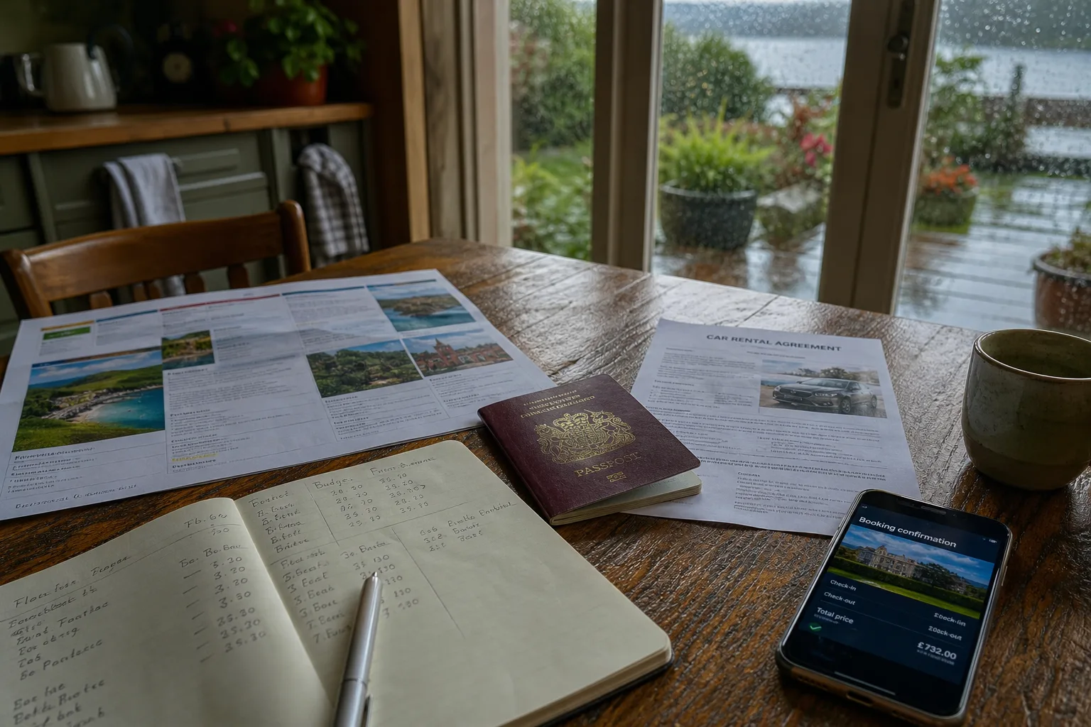 A kitchen table with a printed travel itinerary, a notebook showing handwritten figures, a passport, a car rental agreement and a phone displaying a booking...