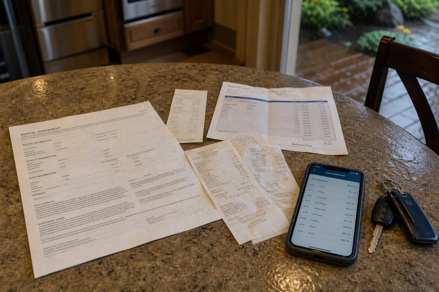 A kitchen table with a printed rental car agreement, a hotel folio, several paper receipts and a phone showing a card statement, arranged beside a set of car...