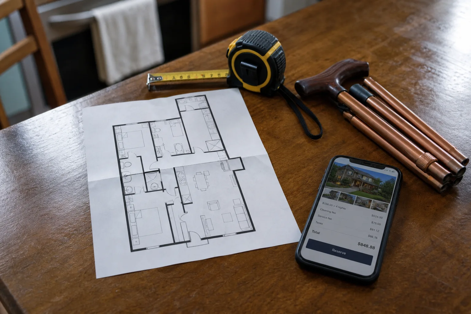 A printed vacation rental floor plan lying on a kitchen table beside a retractable tape measure, a folded cane, and a phone showing a lodging booking page wi...