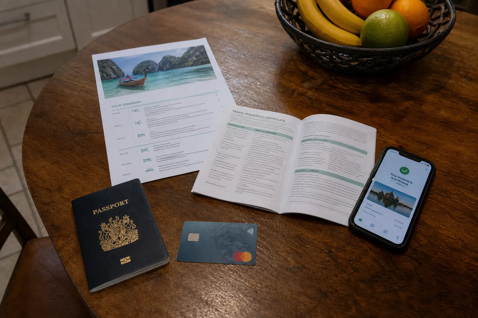 A printed travel itinerary and an insurance certificate booklet laid out on a kitchen table beside a passport, a credit card, and a phone showing a booking c...
