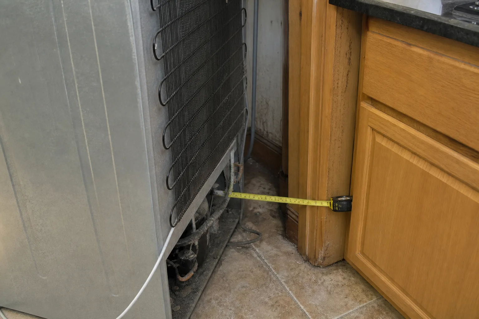 A refrigerator pulled forward out of a tight cabinet opening in a kitchen, exposing the narrow gap, dusty condenser coils and the floor behind it, with a tap...