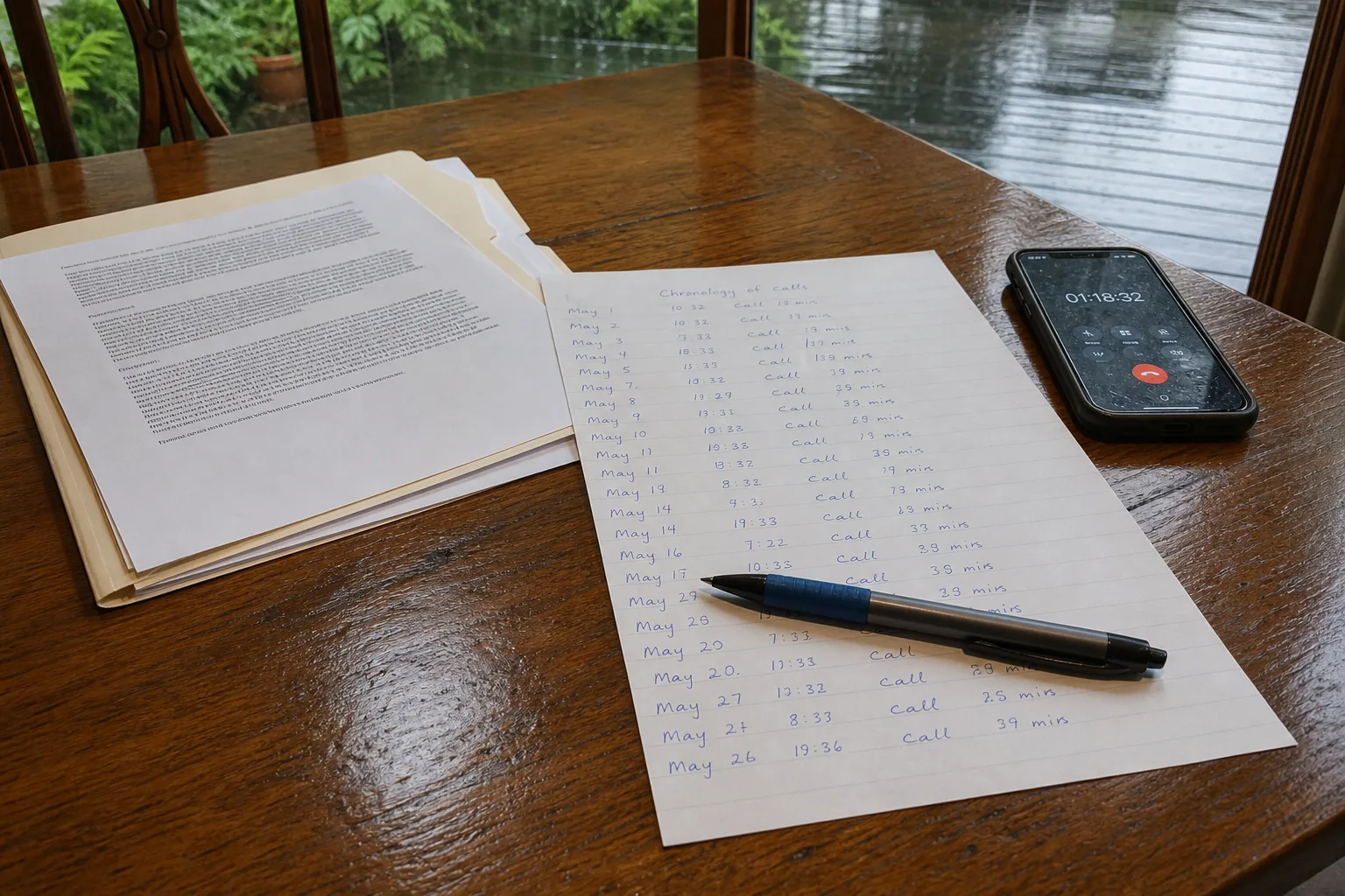 A kitchen table with a single-page handwritten chronology of dates and phone calls, a folder of printed letters, a cell phone showing a call timer, and a pen...
