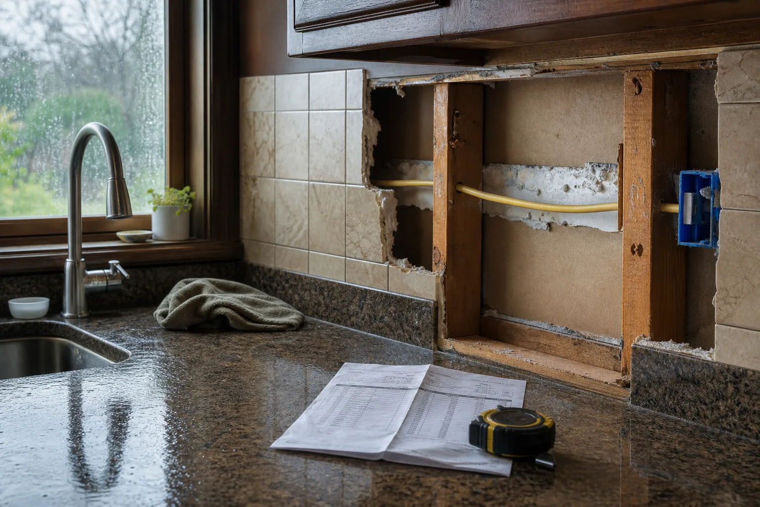 A kitchen wall partly opened for repair, with a folded line-item estimate and a tape measure resting on the counter beside it