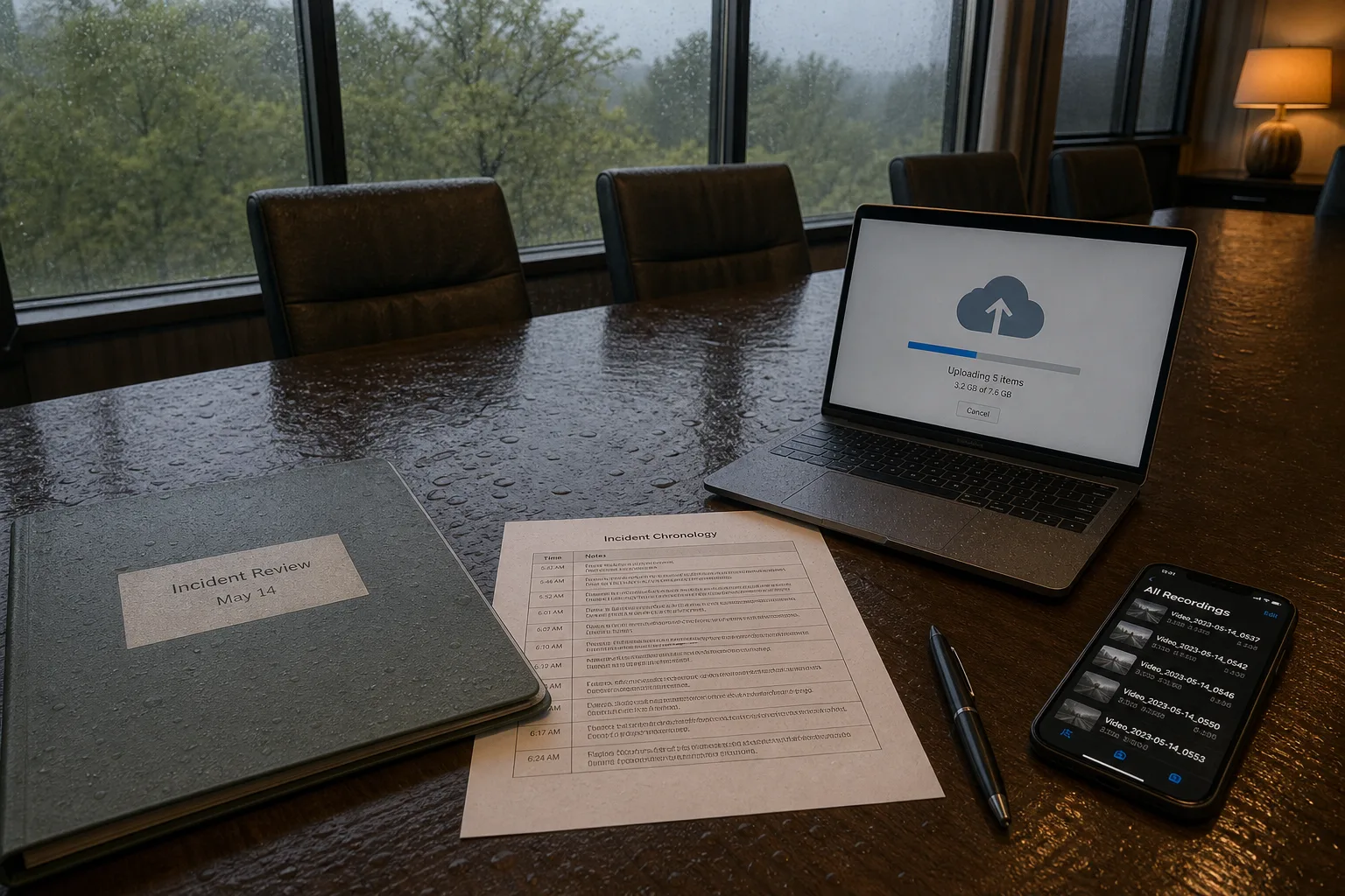 A conference room table with a labeled document folder, a printed chronology page, a laptop showing a file upload screen, and a smartphone displaying a camer...