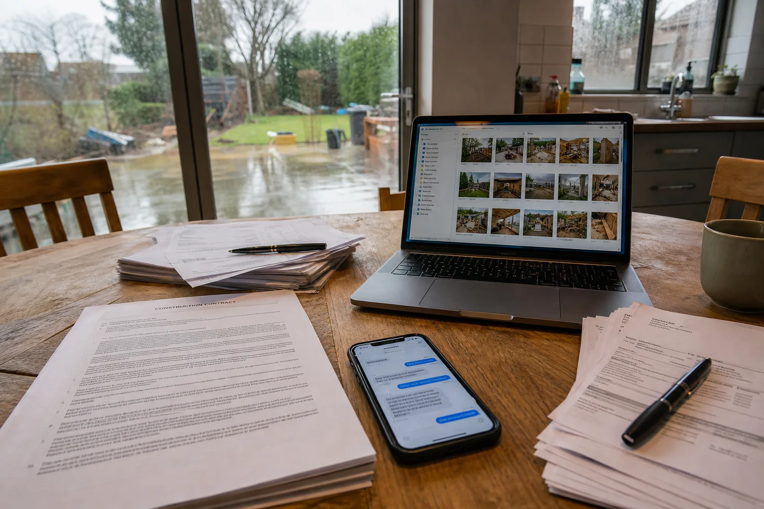 A homeowner's kitchen table covered with a printed construction contract, a stack of supplier invoices, a phone showing a message thread, and a laptop displa...