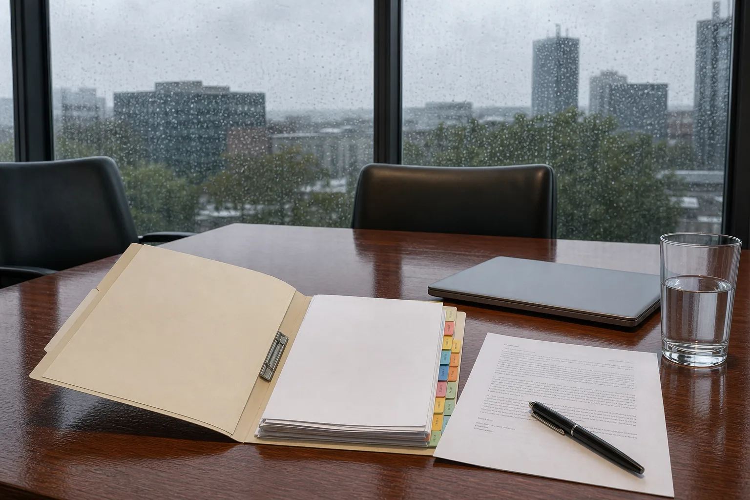 A neatly indexed paper folder open on a conference table beside a printed engagement letter and a pen, with a closed laptop and a glass of water nearby