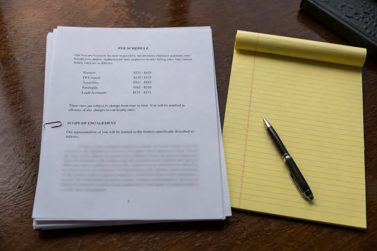 A legal engagement letter on a desk beside a yellow legal pad and a pen, the fee schedule page visible with a paper clip marking the scope section