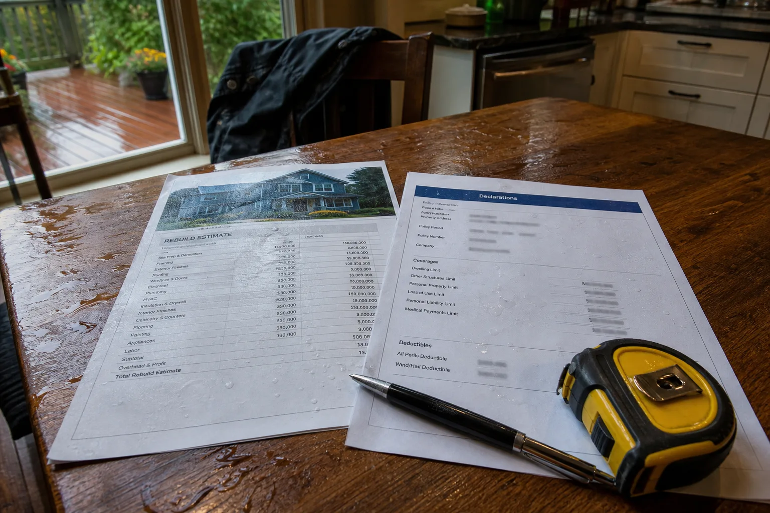 A contractor's printed rebuild estimate and an insurance declarations page lying side by side on a kitchen table, with a tape measure and a pen resting on top