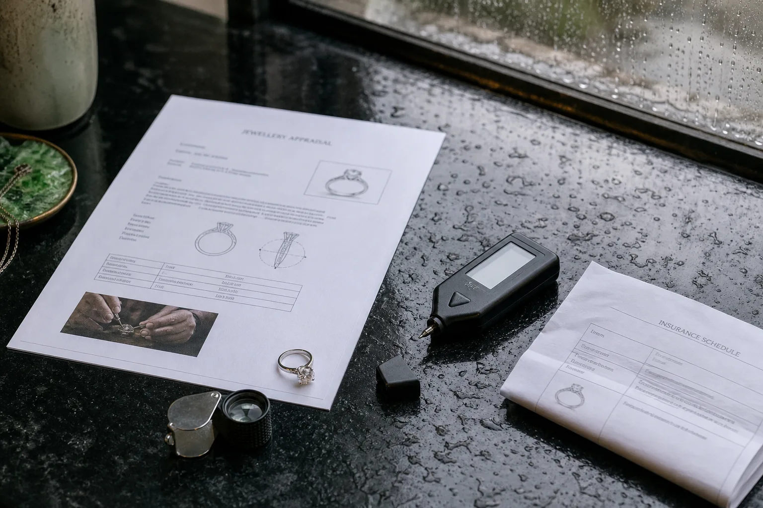 A jeweler's appraisal document laid flat beside a diamond ring, a loupe, a digital gem gauge and a folded insurance schedule page
