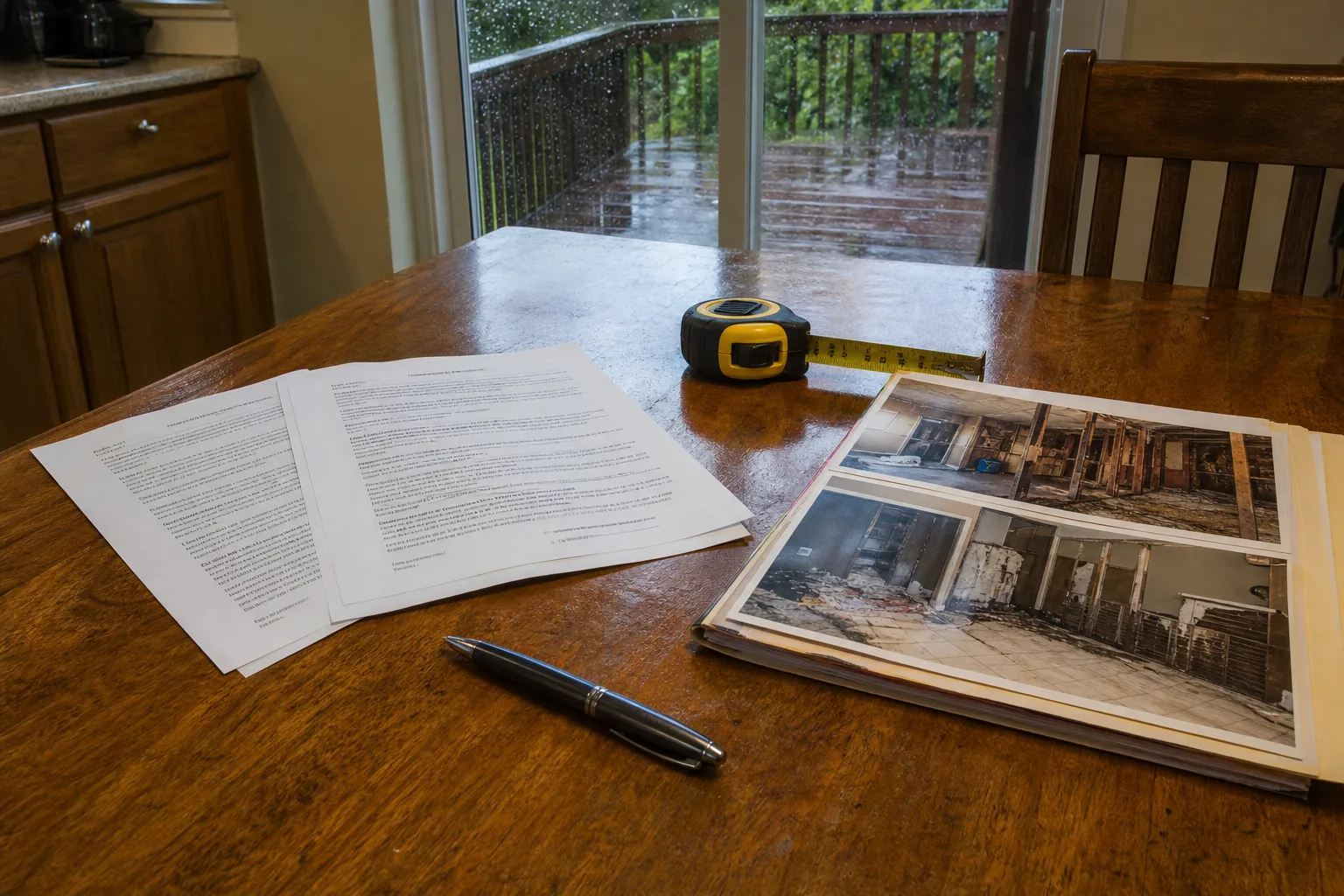 A two-page adjuster fee agreement on a kitchen table beside a folder of water damage photographs, a tape measure and a pen