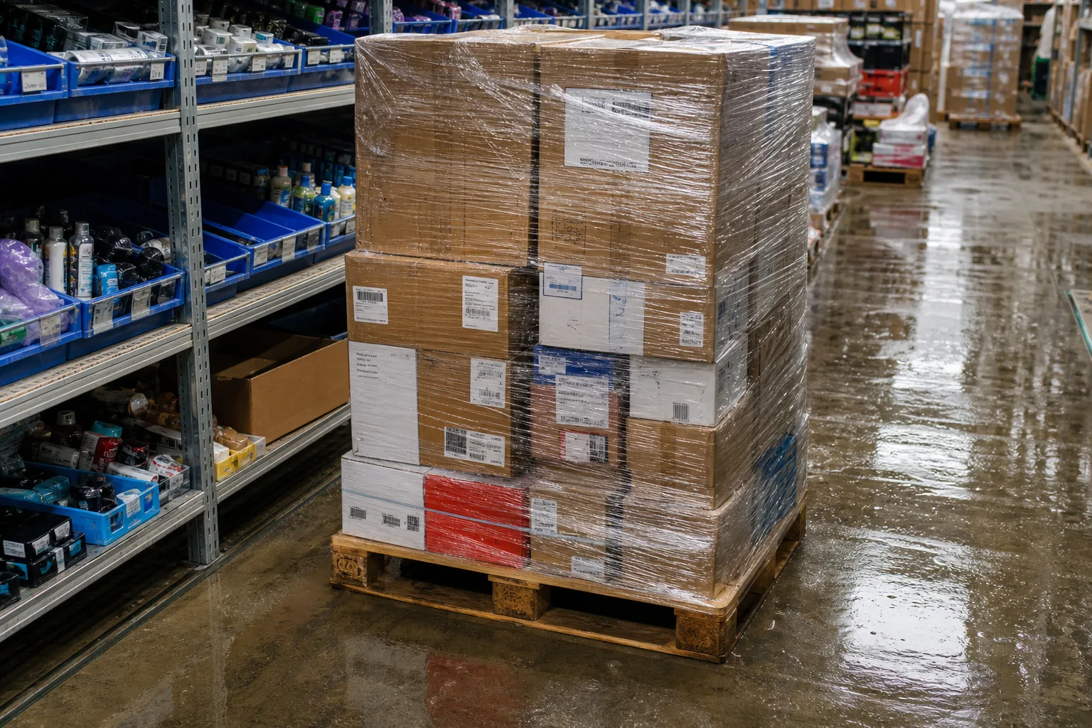 A single wooden pallet of mixed cardboard cartons shrink-wrapped and labeled, standing on the concrete floor of a shared warehouse aisle beside metal shelvin...