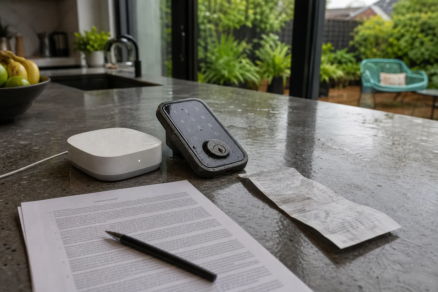 A disconnected smart home hub and a door lock keypad sitting on a kitchen counter beside a printed terms of service document and a paper receipt