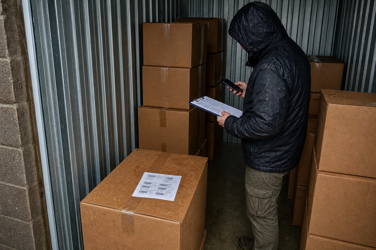 A person standing among stacked cardboard shipping cartons in a small rented storage unit, holding a clipboard and a phone, with a printed shipping label she...