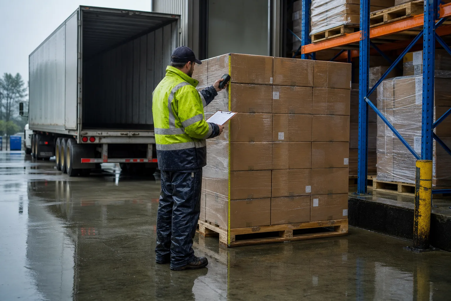 A warehouse receiving dock where a worker with a clipboard and handheld scanner measures the height of a stacked pallet of cardboard cartons, with pallet rac...