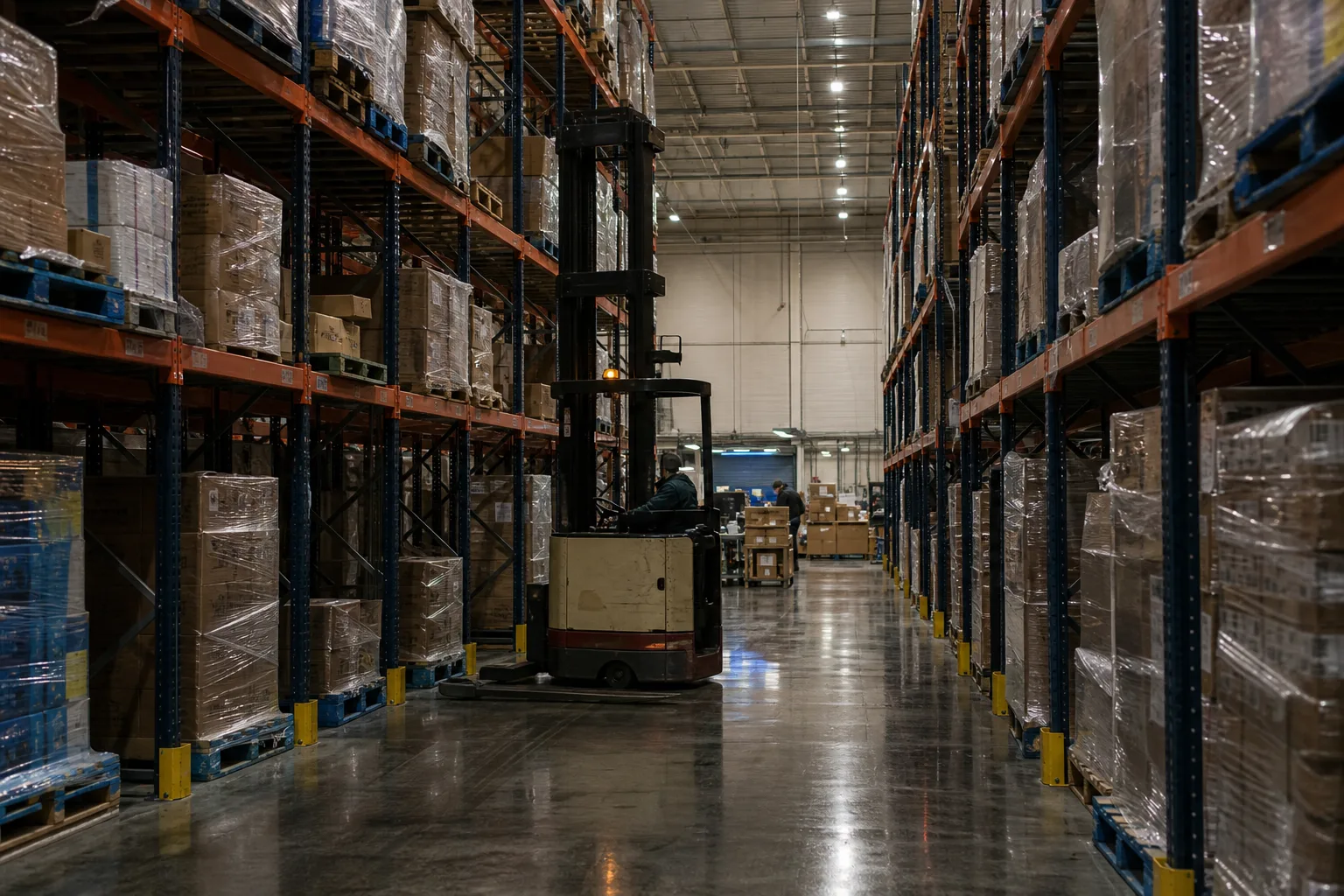 Interior of a large third party distribution warehouse showing tall selective pallet racking with loaded and shrink-wrapped pallets, a narrow aisle running t...
