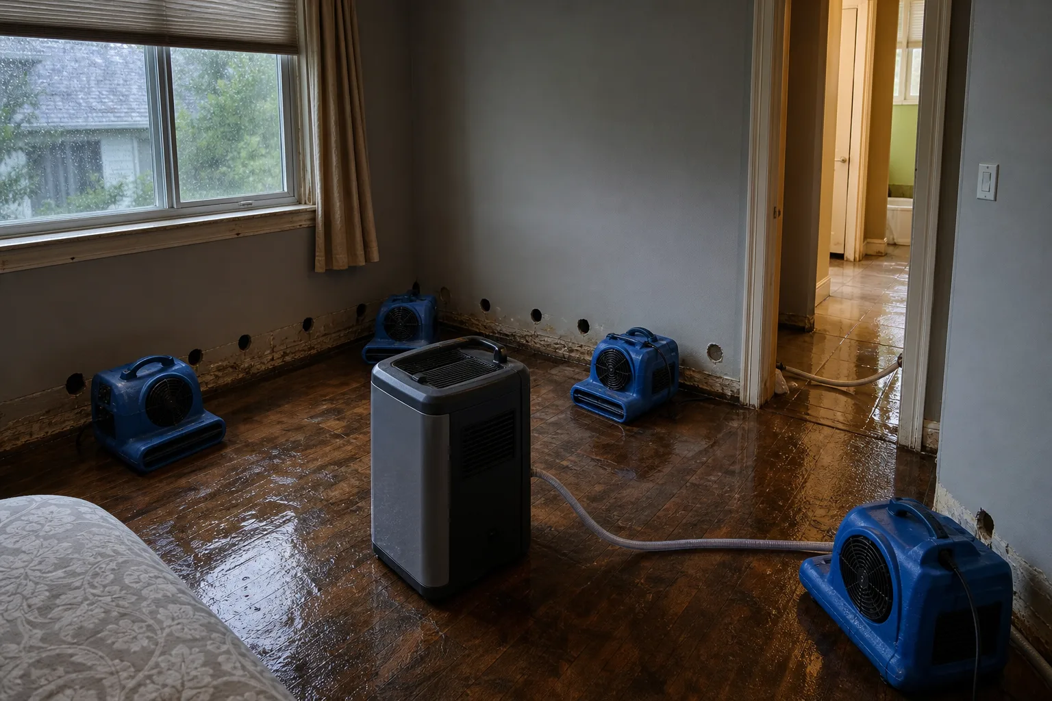 A residential bedroom with baseboards removed and small drilled inspection holes along the lower wall, several low air movers positioned close to the walls a...