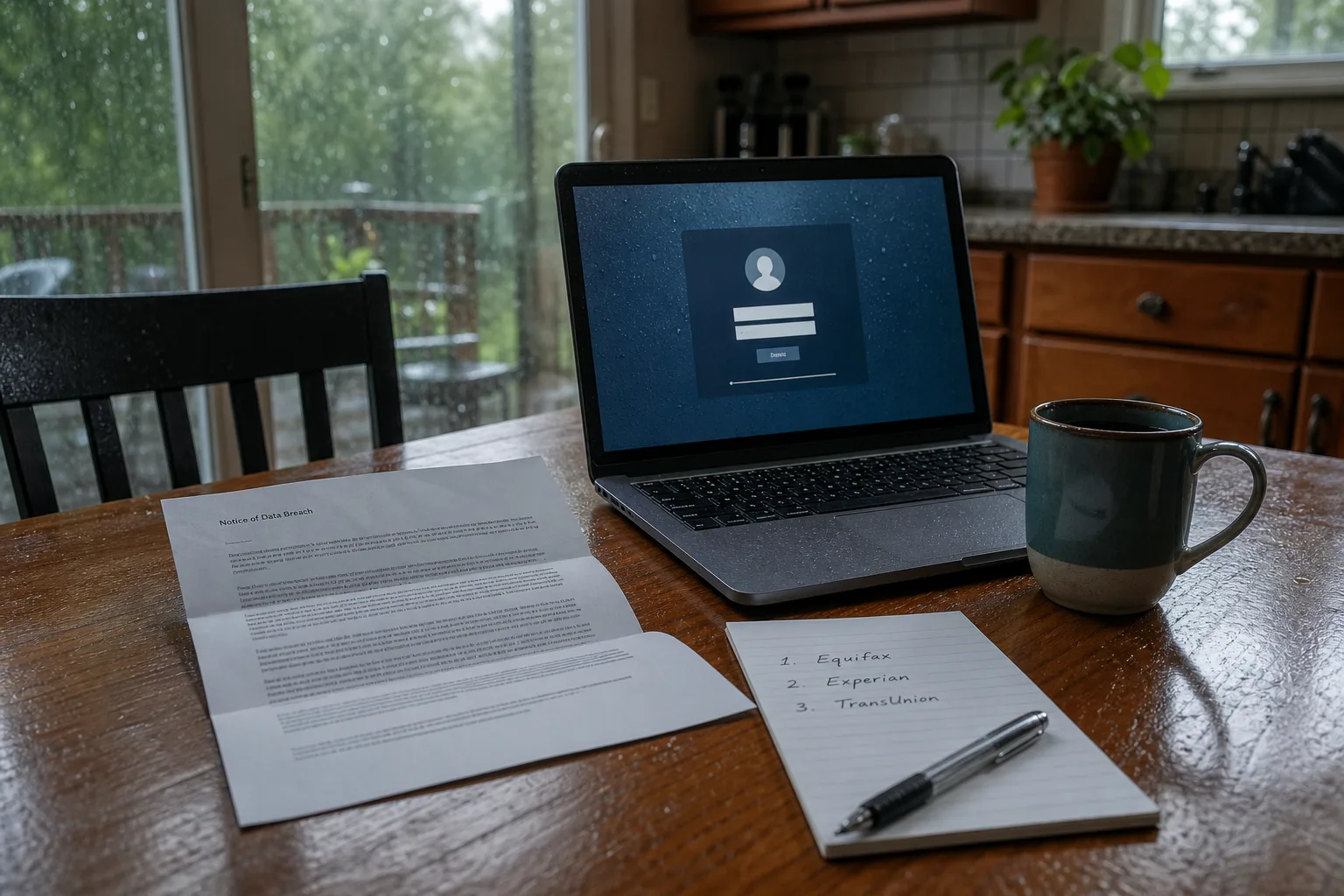 A kitchen table with an opened breach notification letter, a laptop showing a login screen, a handwritten note listing three credit bureaus, and a coffee cup