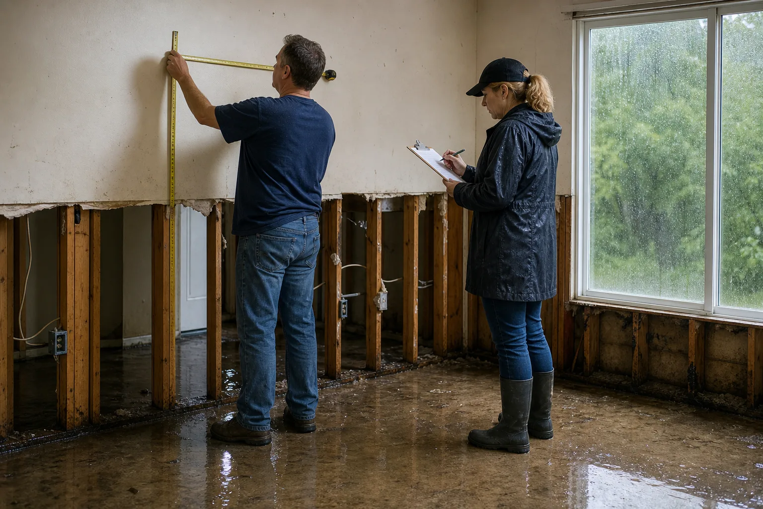 A homeowner and an adjuster standing in a partially gutted room with exposed studs and a cut drywall line, one holding a tape measure against a wall and the...